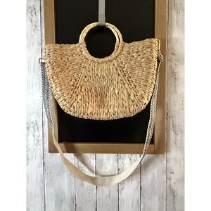 Haute Hippie Straw Raffia Woven tote Fabric Graphic Strap Crossbody Purse